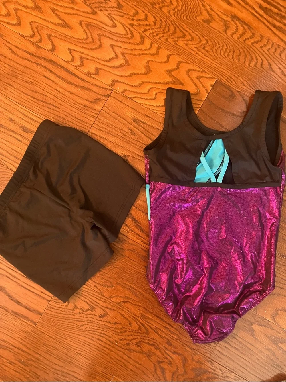 Danskin Shiny Purple and Teal Gymnastics Leotard with Black Shorts Girls 7/8